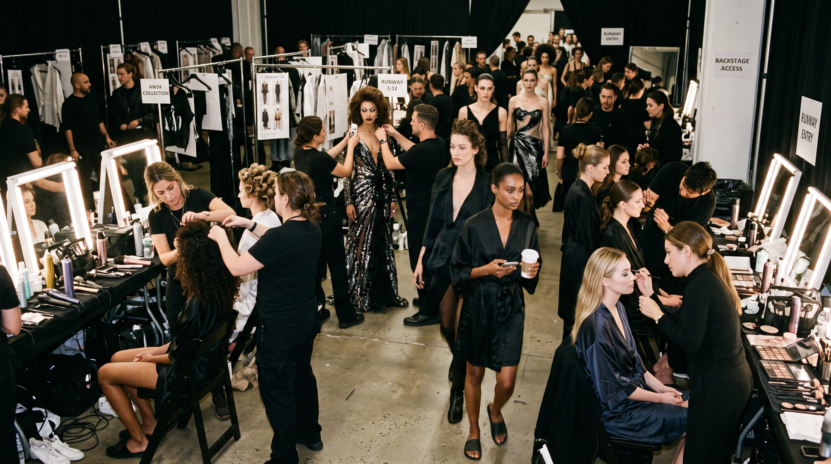 Placeholder photo of models backstage having hair and makeup done before a show, to be replaced with a real candid backstage photograph.