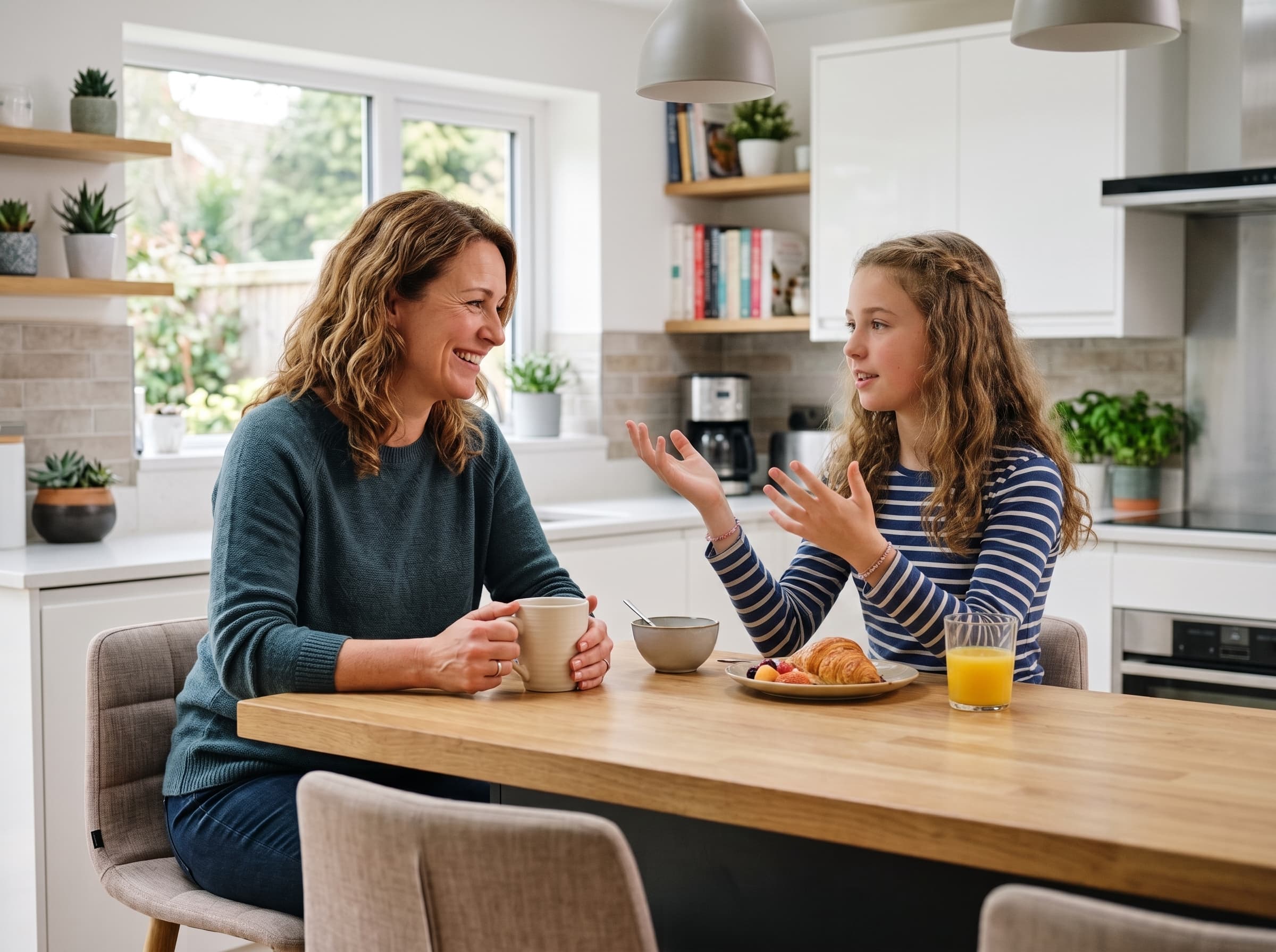 Placeholder photo of a parent and teenager talking together at a kitchen table, illustrating a conversation about a modelling opportunity.