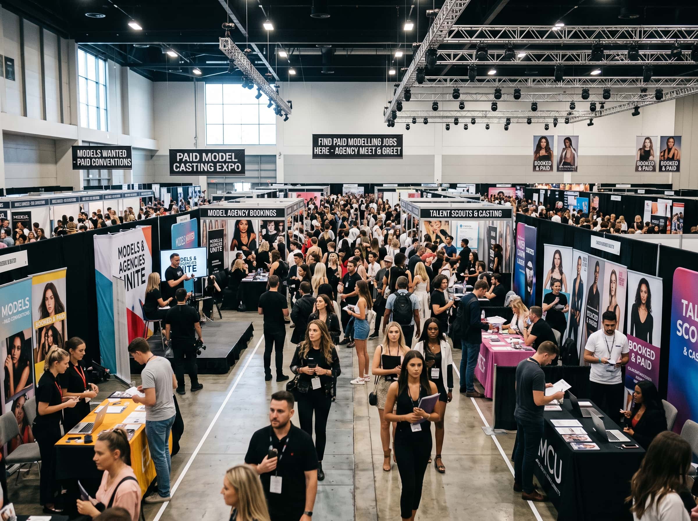 Placeholder photo of a busy convention hall with exhibitor booths, illustrating paid modelling conventions.